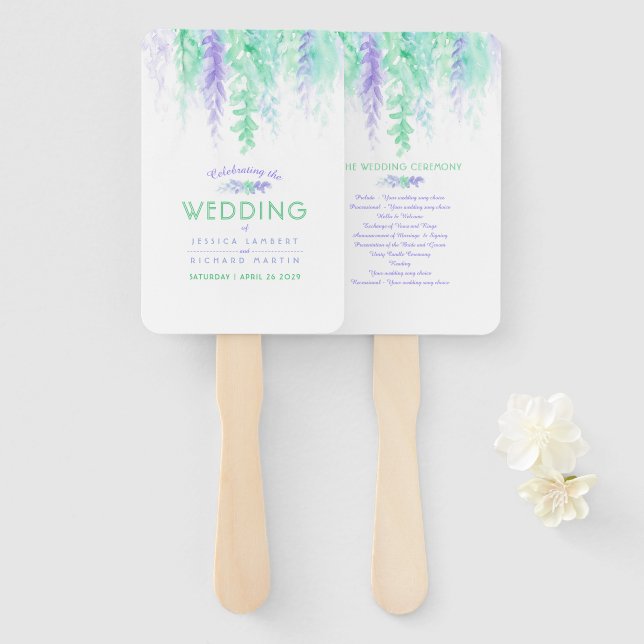 Wedding purple green flower cascade program fans (Front and Back)