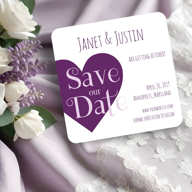 Wedding Purple Heart Modern Minimalist Save The Date (This design for Save the Date with a modern, milimalist and current style, with a vibrant purple.)