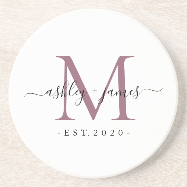 Wedding Purple Monogram Names Year Est  Coaster (Front)