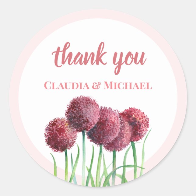 Wedding Purple Pink Alliums Flower Watercolor Classic Round Sticker (Front)