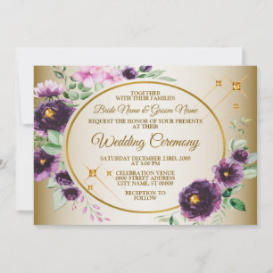 Wedding Purple Pink Floral Green Leaves Golden Invitation