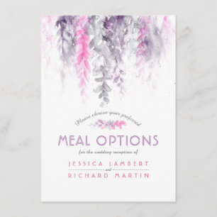 Wedding purple pink flower cascade meal options enclosure card