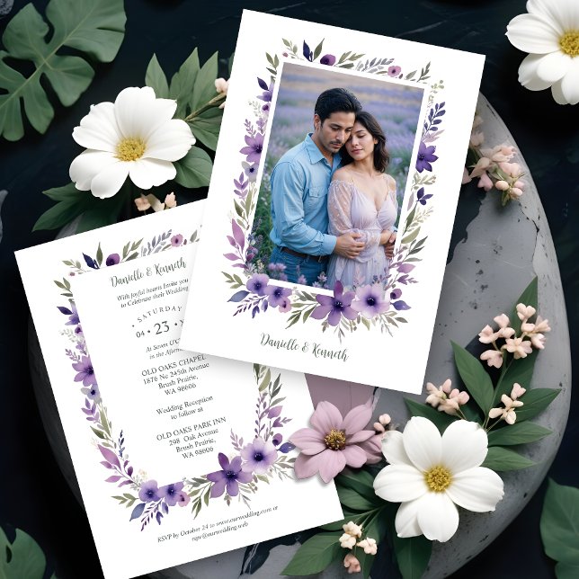 Wedding Purple Shades Flowers Branches Photo Invitation (Wedding Purple Shades Flowers Branches Photo Invitations Cards.)