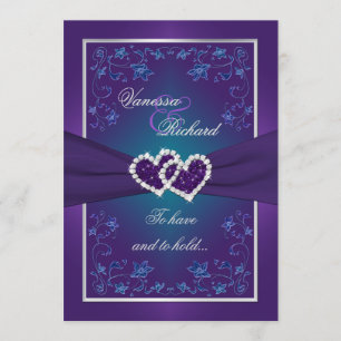 Wedding Purple, Teal Floral Hearts FAUX Foil Invitation