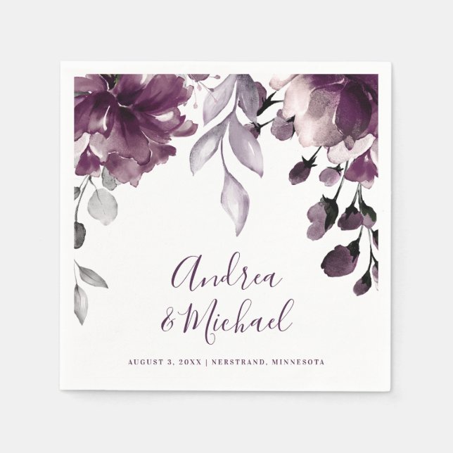 Wedding Purple Watercolor Floral Garden Hanging Napkin (Front)