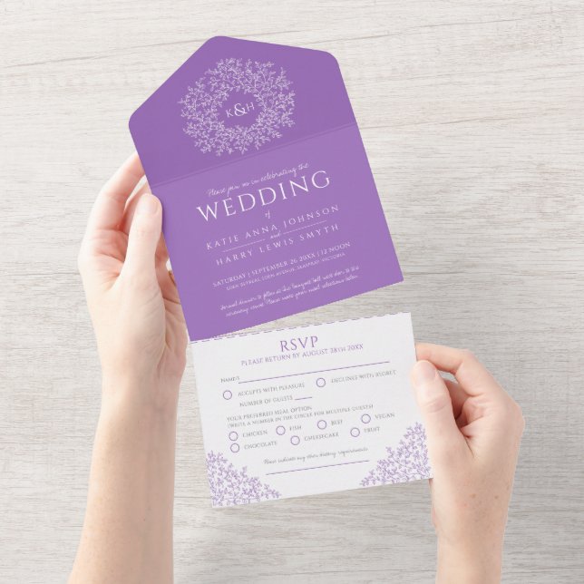 Wedding purple white leaves all in one invitation (Tearaway)