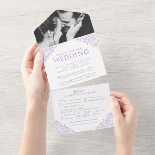 Wedding purple white leaves photo meal RSVP All In All In One Invitation