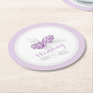 Wedding purple winter pine cone paper coasters