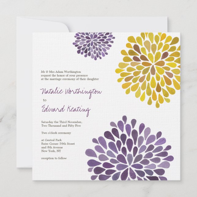 Wedding Purple Yellow Flower Blooms Invitation (Front)