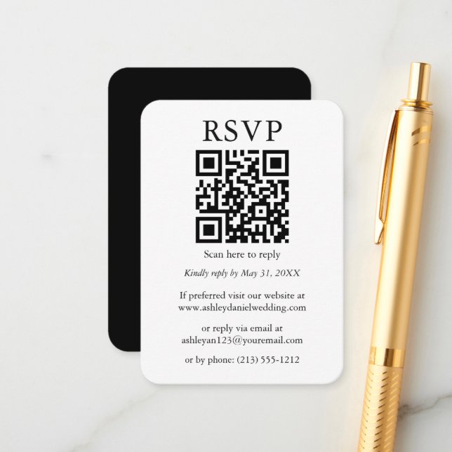 Wedding QR Minimalist Simple Black White RSVP Enclosure Card (Front/Back In Situ)