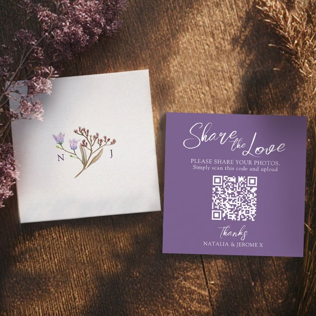 Wedding QR photo share fall wildflower monogram Enclosure Card (Creator Uploaded)