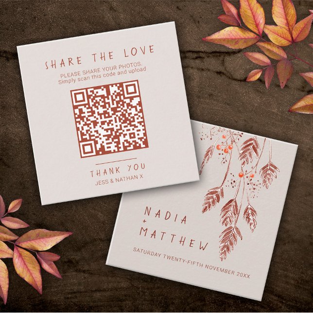 Wedding QR photo share grass berries brown orange  Enclosure Card (Creator Uploaded)