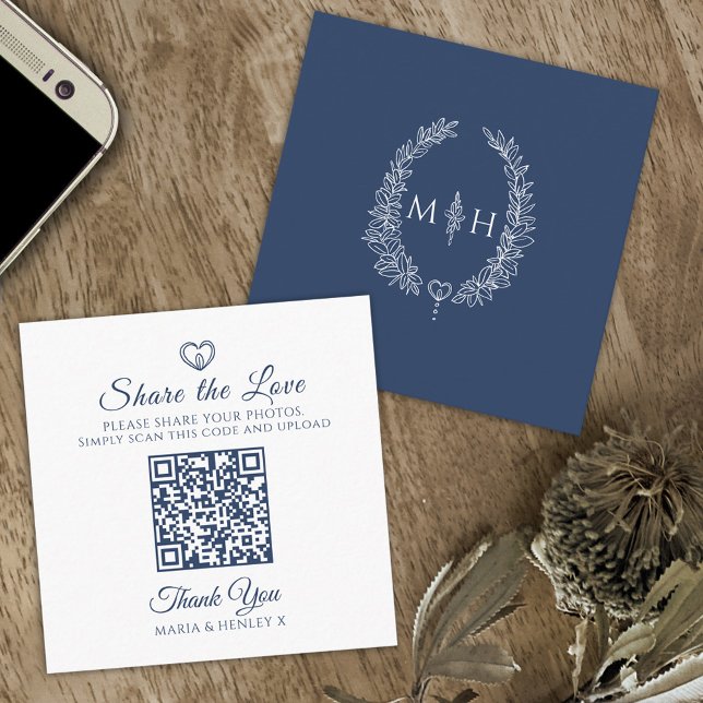 Wedding QR photo share heart oval leaves monogram Enclosure Card (Creator Uploaded)
