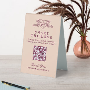 Wedding QR photo share love heart crown wine red