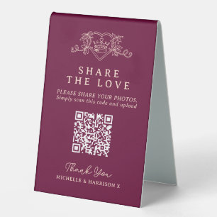 Wedding QR photo share love heart crown wine red