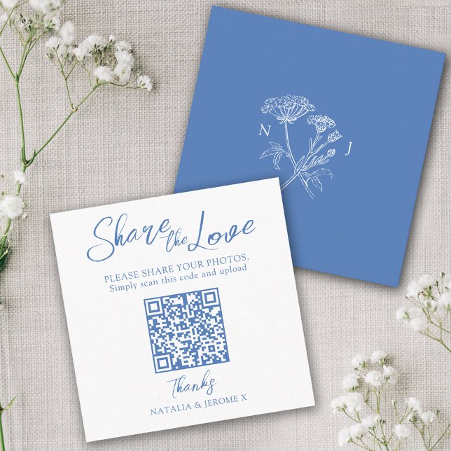 Wedding QR photo share wildflower monogram blue Enclosure Card (Creator Uploaded)