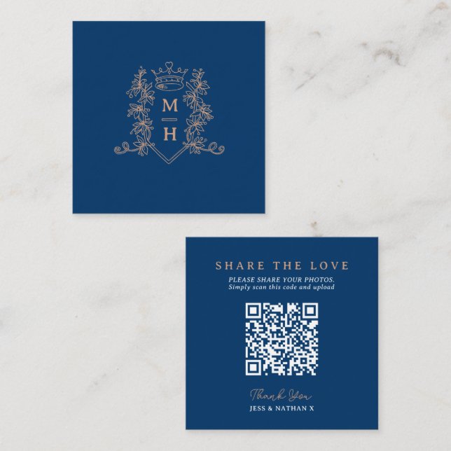 Wedding QR share love heart crown blue monogram Enclosure Card (Front/Back)