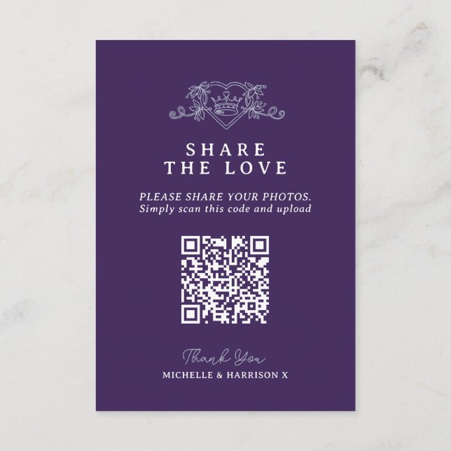 Wedding QR share love heart crown monogram purple Enclosure Card (Back)