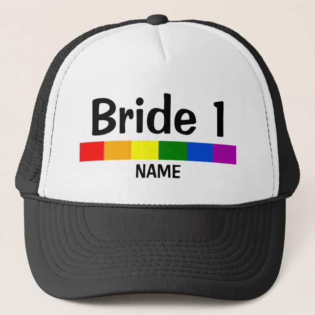 Wedding Rainbow Flag Banner Bride 1 Name Trucker Hat (Front)