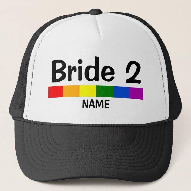 Wedding Rainbow Flag Banner Bride 2 Name Trucker Hat (Front)