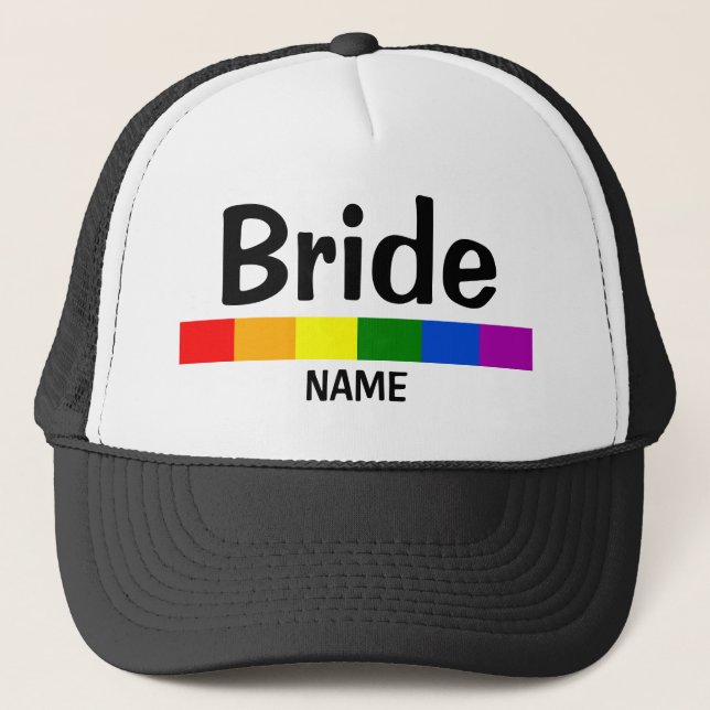 Wedding Rainbow Flag Banner Bride Name Trucker Hat (Front)