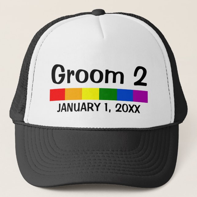 Wedding Rainbow Flag Banner Groom 2 Trucker Hat (Front)