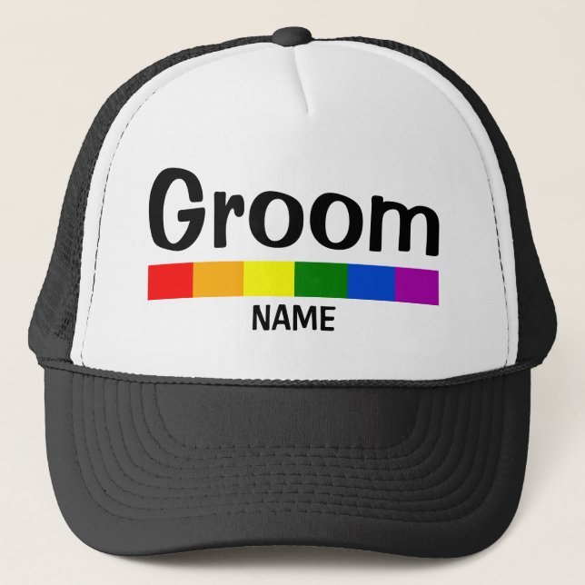 Wedding Rainbow Flag Banner Groom Name Trucker Hat (Front)