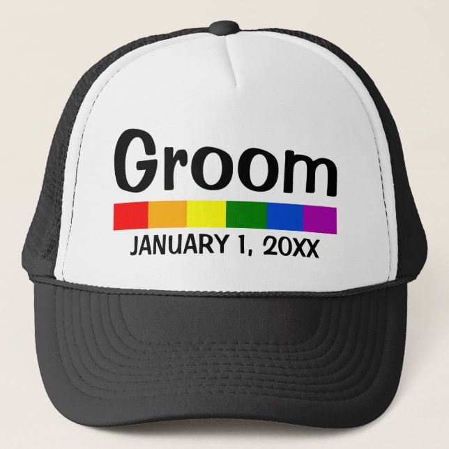 Wedding Rainbow Flag Banner Groom Trucker Hat (Front)