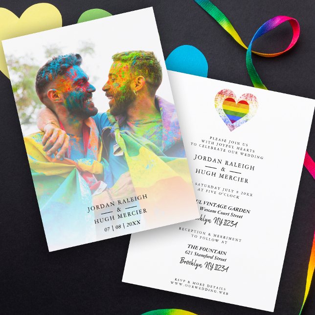 Wedding Rainbow Heart LGBT Engaged Couple Photo Invitation (Creator Uploaded)