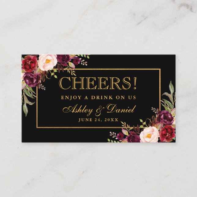 Wedding Reception Black Burgundy Drink Ticket Card (Front)
