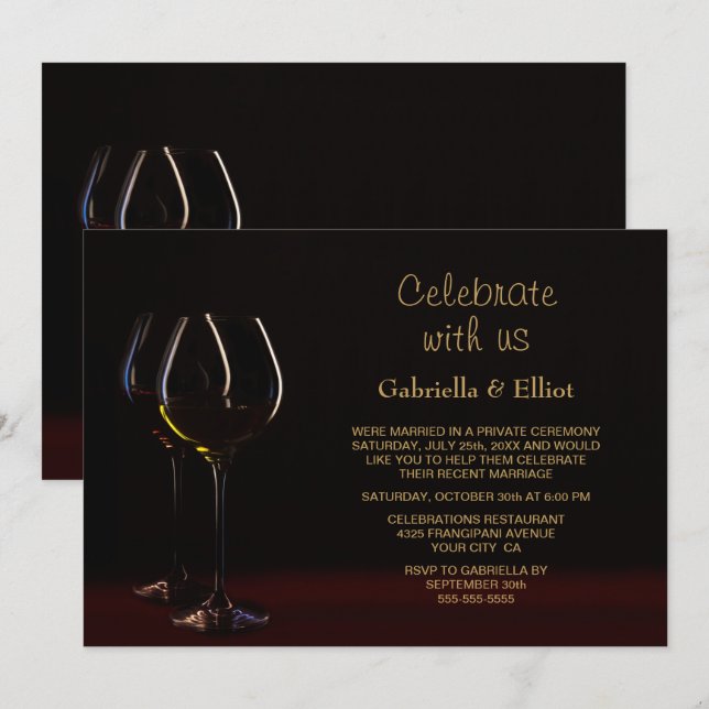 Wedding Reception Black Gold Wine Glass Party Invitation (Front/Back)