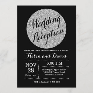 Wedding Reception Black Silver Glitter Invitation