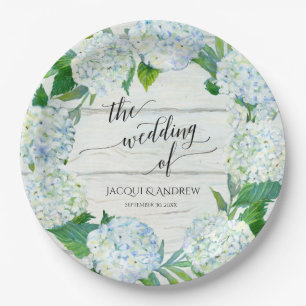 Wedding Reception Blue White Hydrangea Wreath Wood Paper Plate