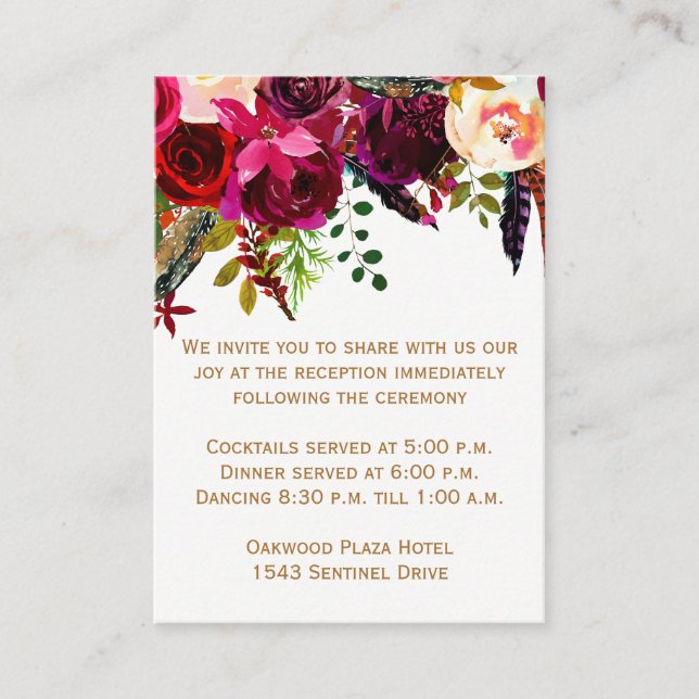 Wedding Reception Card - Burgundy Floral, Feathers (Front)