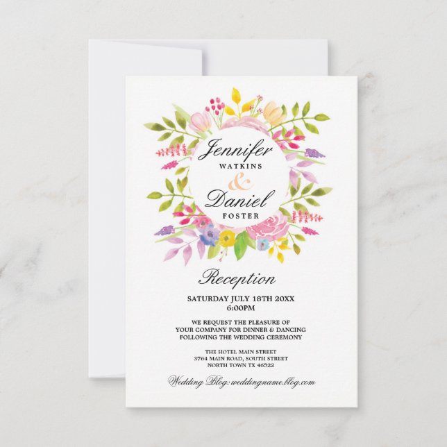 Wedding Reception Cards Inserts Pink Floral Wreath (Front)