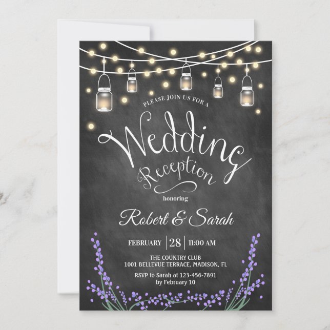 Wedding Reception - Chalkboard Lavender & Lights Invitation (Front)