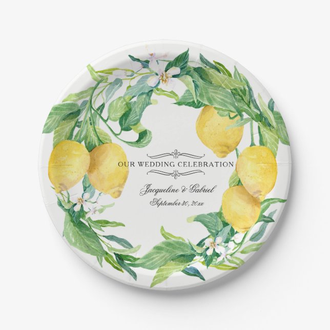 Wedding Reception Citrus Lemon Floral Leaf Wreath Paper Plate (Front)