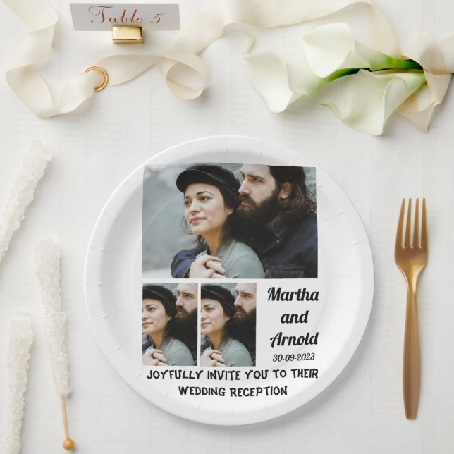 Wedding Reception custom 3 Photo Collage Paper Plate (Wedding)