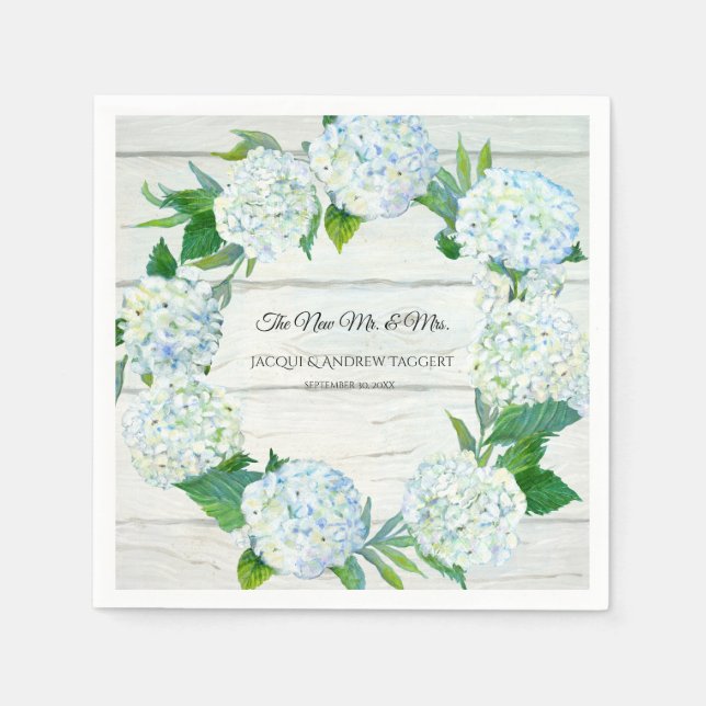 Wedding Reception Decor Wood w White Hydrangea Art Napkin (Front)