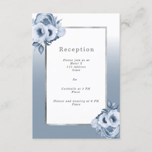 Wedding reception details dusty blue florals white enclosure card
