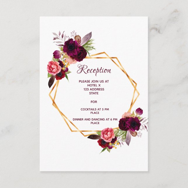 Wedding reception details geo florals burgundy enclosure card (Front)