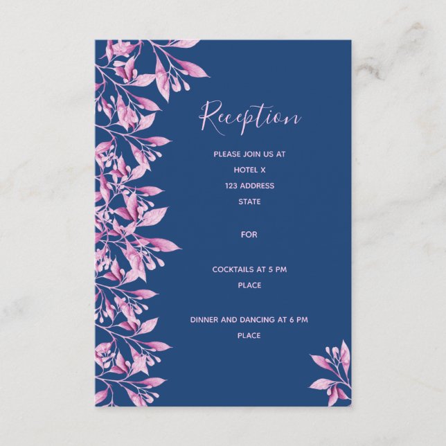 Wedding reception details navy blue pink floral enclosure card (Front)