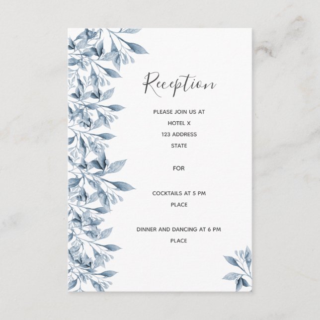 Wedding reception details white blue botanical enclosure card (Front)