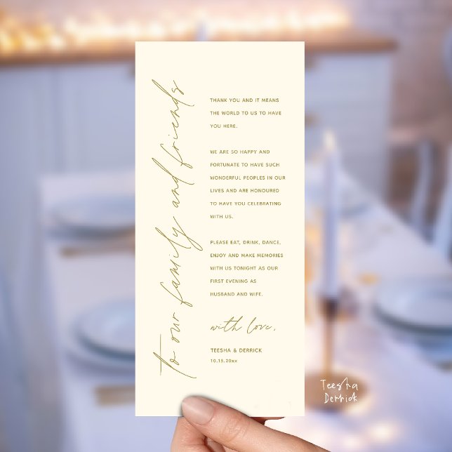 Wedding Reception Dinner Modern Thank You Card (Welcome and thanks, Modern Wedding Reception Dinner Thank You card, family friends in yellow gold)