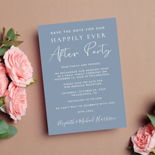 Wedding Reception Dusty Blue Photo Save the Date Announcement (A stylish save the date announcement for a reception to celebrate your elopement or private wedding)