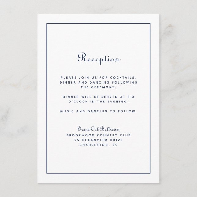 Wedding Reception Elegant Script Navy Blue Classic Enclosure Card (Front)