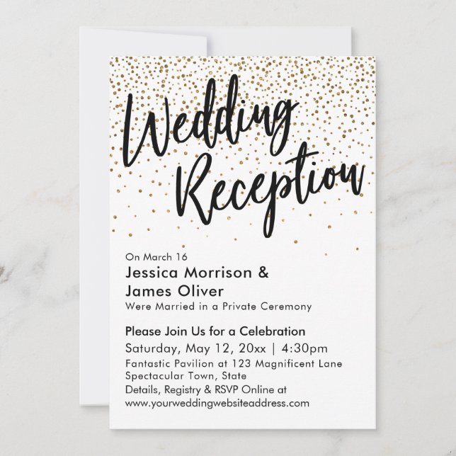 Wedding Reception, Faux Gold Glitter Confetti Invitation (Front)
