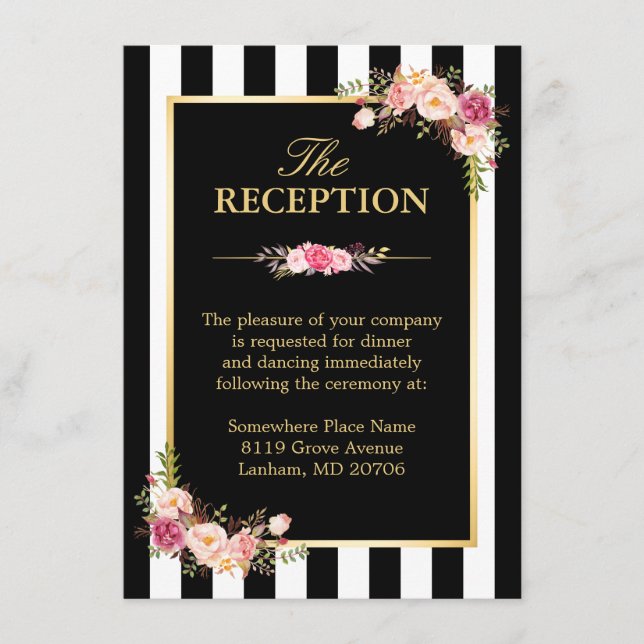Wedding Reception Floral Gold Black White Stripes Enclosure Card (Front)