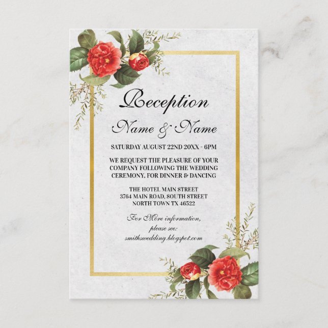 Wedding Reception Flowers Red Gold Christmas Enclosure Card (Front)