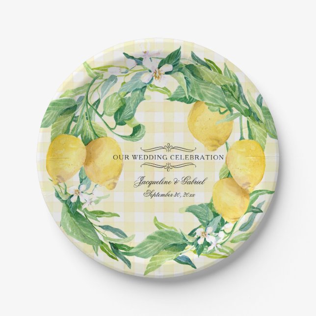 Wedding Reception Gingham Lemon Floral Leaf Wreath Paper Plate (Front)